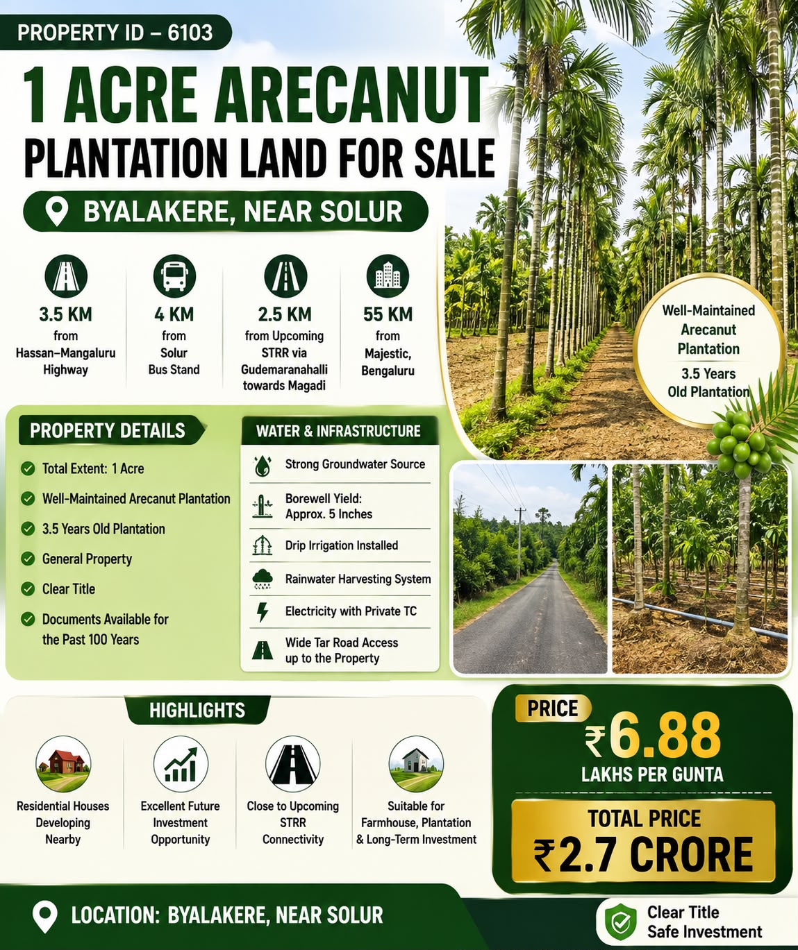 🆔 *PROPERTY ID – 6103* 🌴 *1 Acre Arecanut Plantation Land for Sale – Byalakere, Near Solur*